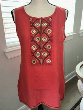 Dana Buchman Women's Coral Sleeveless Tunic Top Embroidered Side Zipper Size M